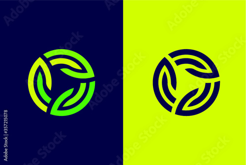 Connected circle with green leaves - plant logo.