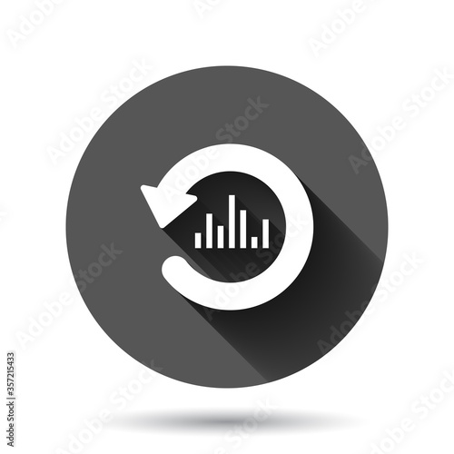 Growing bar graph icon in flat style. Increase arrow vector illustration on black round background with long shadow effect. Infographic progress circle button business concept.