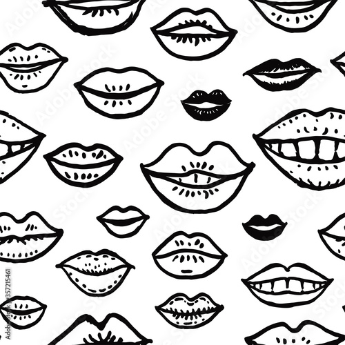 Black ink hand drawn lips seamless pattern. Lips mouths of different people funny vector template. Dusty pink drawing isolated on white.