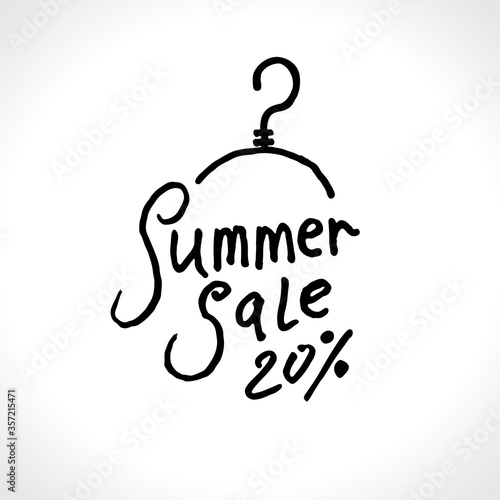 Summer Sale. Hand drawn black ink logo. 20 percent discount. Lettering and coat hanger poster for seasonal sale clothes.