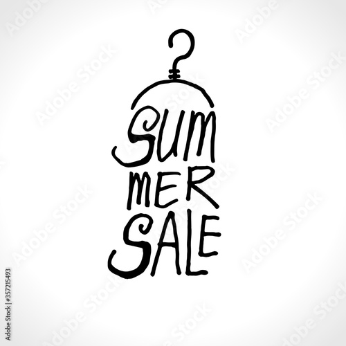 Summer Sale. Carelessly drawn vertical black ink logo. Lettering and coat hanger poster for seasonal sale clothes.