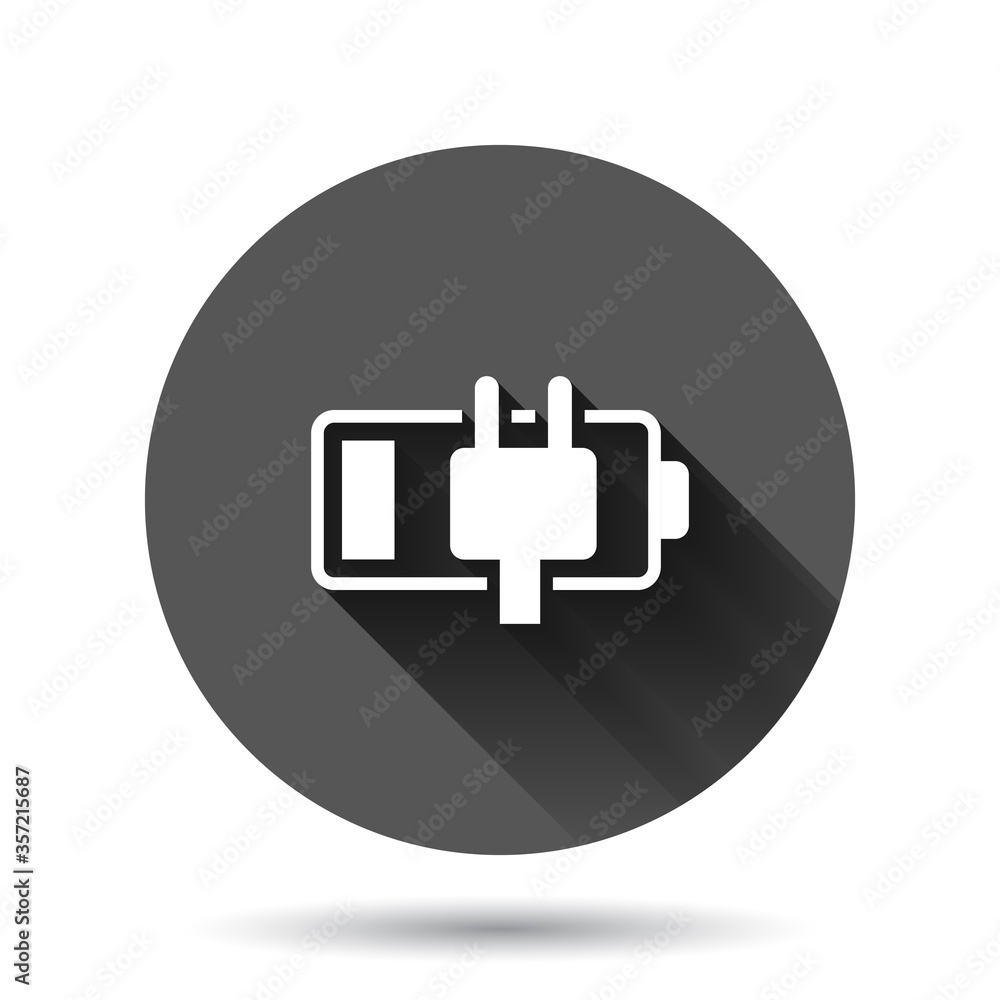 Battery charge icon in flat style. Power level vector illustration on black round background with long shadow effect. Lithium accumulator circle button business concept. Battery charge icon in flat style. Power level vector illustration on black round background with long shadow effect. Lithium accumulator circle button business concept.