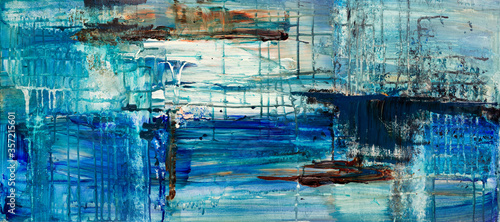 Abstract acryl background painting in shades of blue, reminiscent of a sea with some boats. 