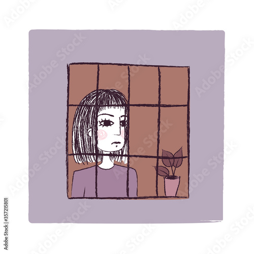 Sad woman behind a window  - Depression stress hypersensitivity character theme 