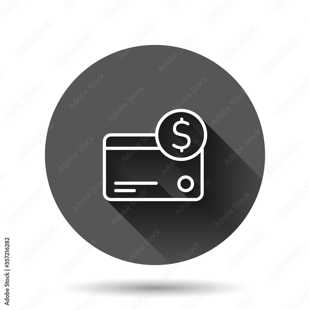 Credit card icon in flat style. Money payment vector illustration on black round background with long shadow effect. Financial purchase circle button business concept. Credit card icon in flat style. Money payment vector illustration on black round background with long shadow effect. Financial purchase circle button business concept.
