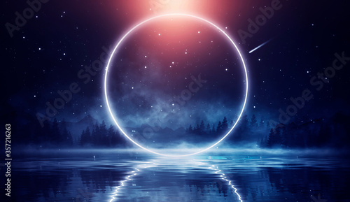 Futuristic night landscape with abstract landscape and island, moonlight, shine. Dark natural scene with reflection of light in the water, neon blue light. Dark neon background.