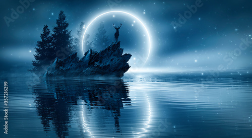 Futuristic night landscape with abstract landscape and island, moonlight, shine. Dark natural scene with reflection of light in the water, neon blue light. Dark neon  background. © MiaStendal