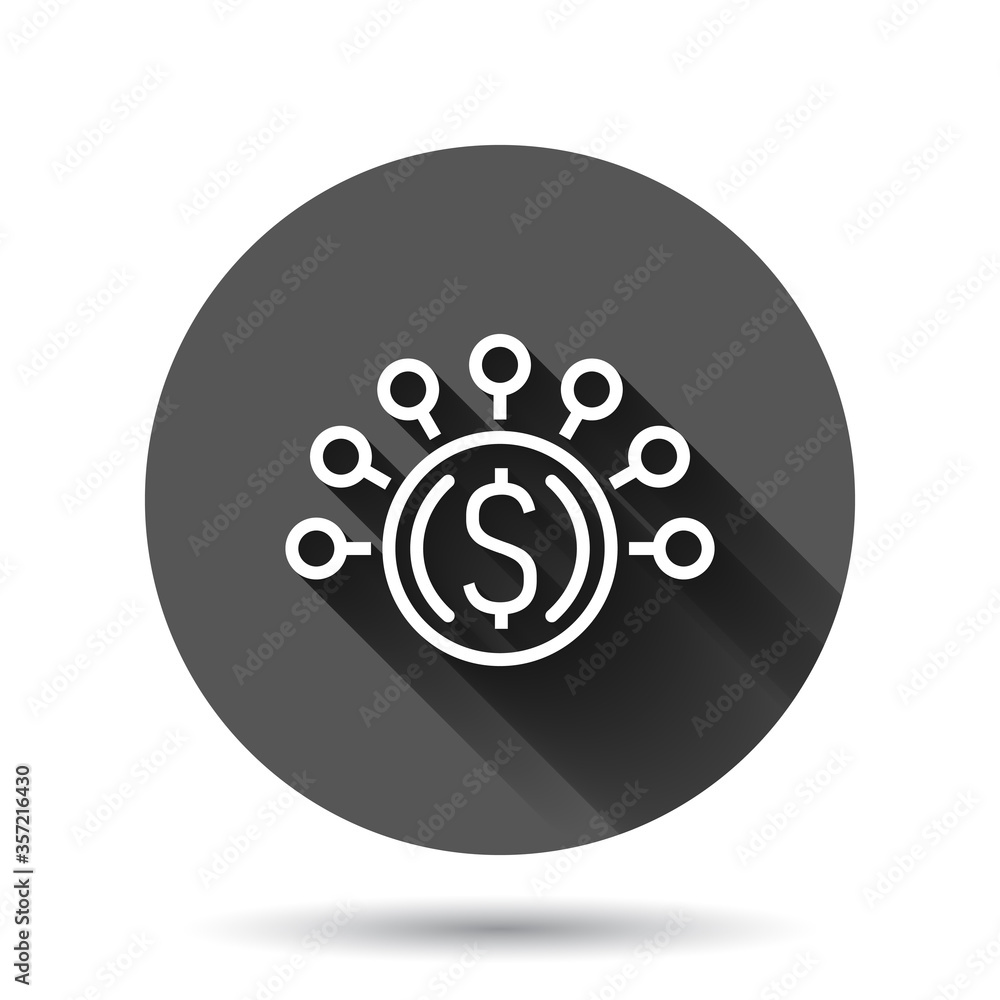 Money revenue icon in flat style. Dollar coin vector illustration on black round background with long shadow effect. Finance structure circle button business concept. Money revenue icon in flat style. Dollar coin vector illustration on black round background with long shadow effect. Finance structure circle button business concept.
