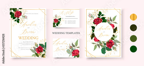 Принти на полотні Wedding floral golden invite card save the date design with red flower roses and green leaves wreath and frame