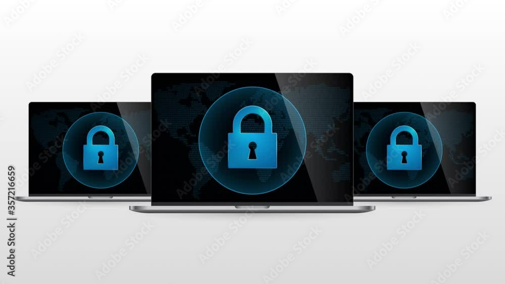 Digital world laptop device is locked for protection. Realistic laptop monitor with Lock symbol in screen and light gradient background. Digital world laptop device is locked for protection. Realistic laptop monitor with Lock symbol in screen and light gradient background.