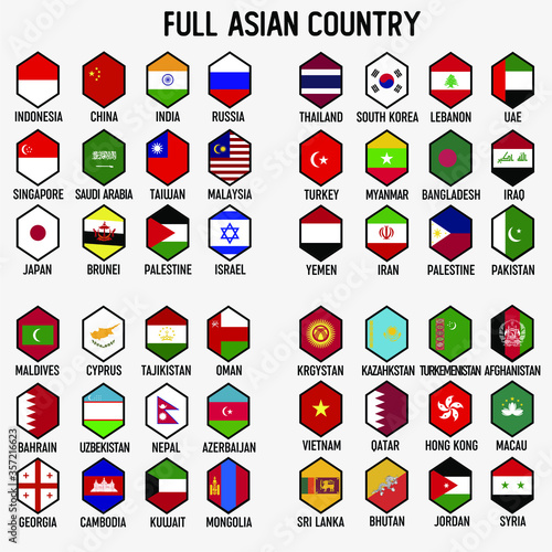 Vector illustration all flags of Asia. All countries of Asia, unique hexagon shape flags