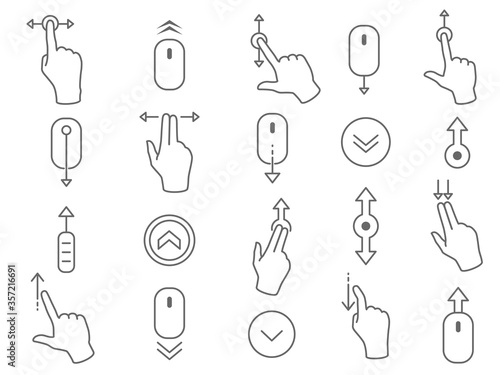 Line scroll gesture icons for user interface. Linear symbols as scrolling mouse, touchscreen gesture, back to top, scrolled down and page navigation for application or device vector illustration.