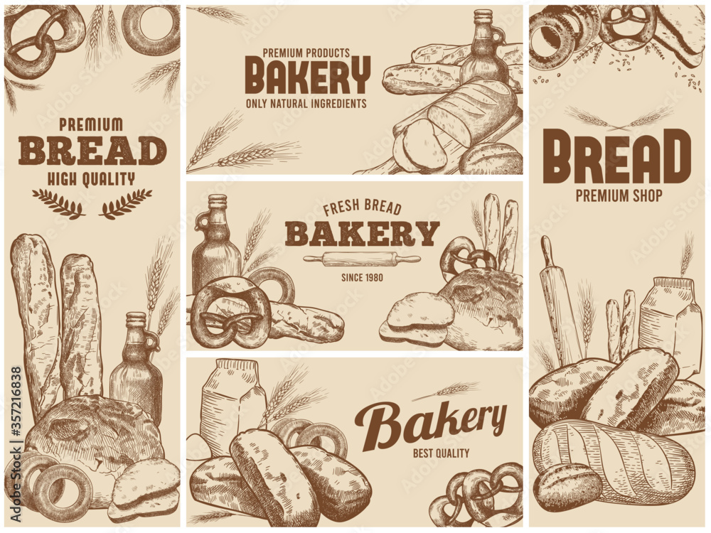 Bakery banner with hand drawn fresh bread and natural ingredients for ...