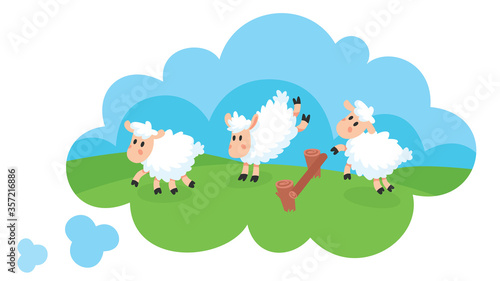 Jumping sheep in cloud. Animal bouncing over fence on meadow. Counting sheep to sleep in thought. Coping with insomnia or sleeping problems. Sweet dreams or relaxing concept vector illustration.