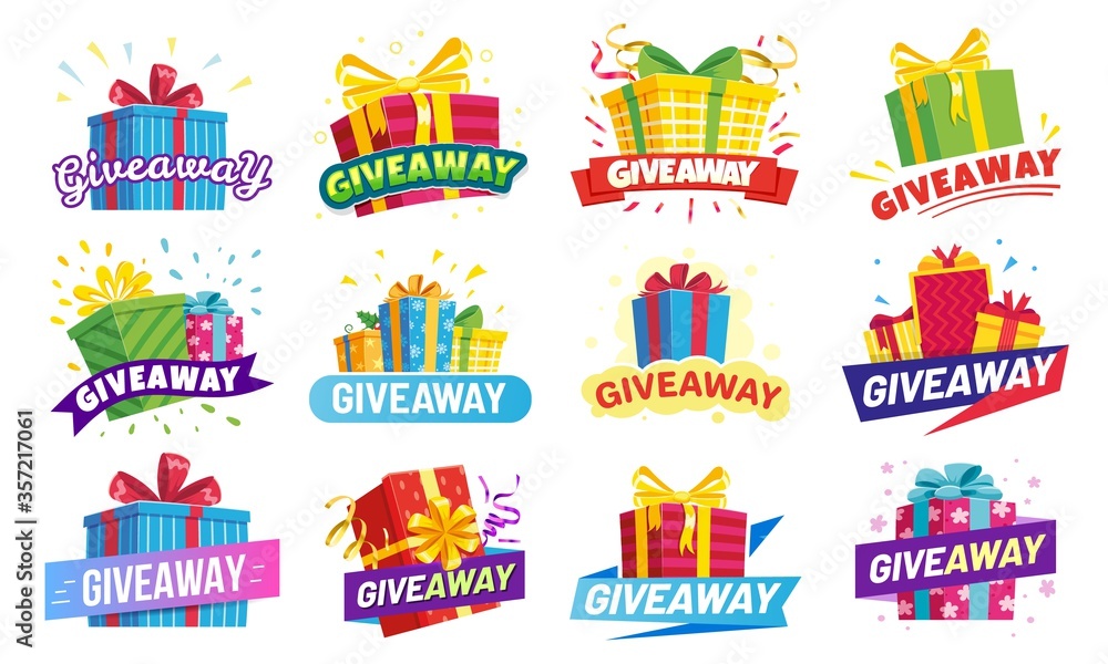 Giveaway banner, prize in colorful boxes with ribbons. Special offer for gift winner in contest. Present or reward in competition. Announcement or social media post vector illustration. Giveaway banner, prize in colorful boxes with ribbons. Special offer for gift winner in contest. Present or reward in competition. Announcement or social media post vector illustration.