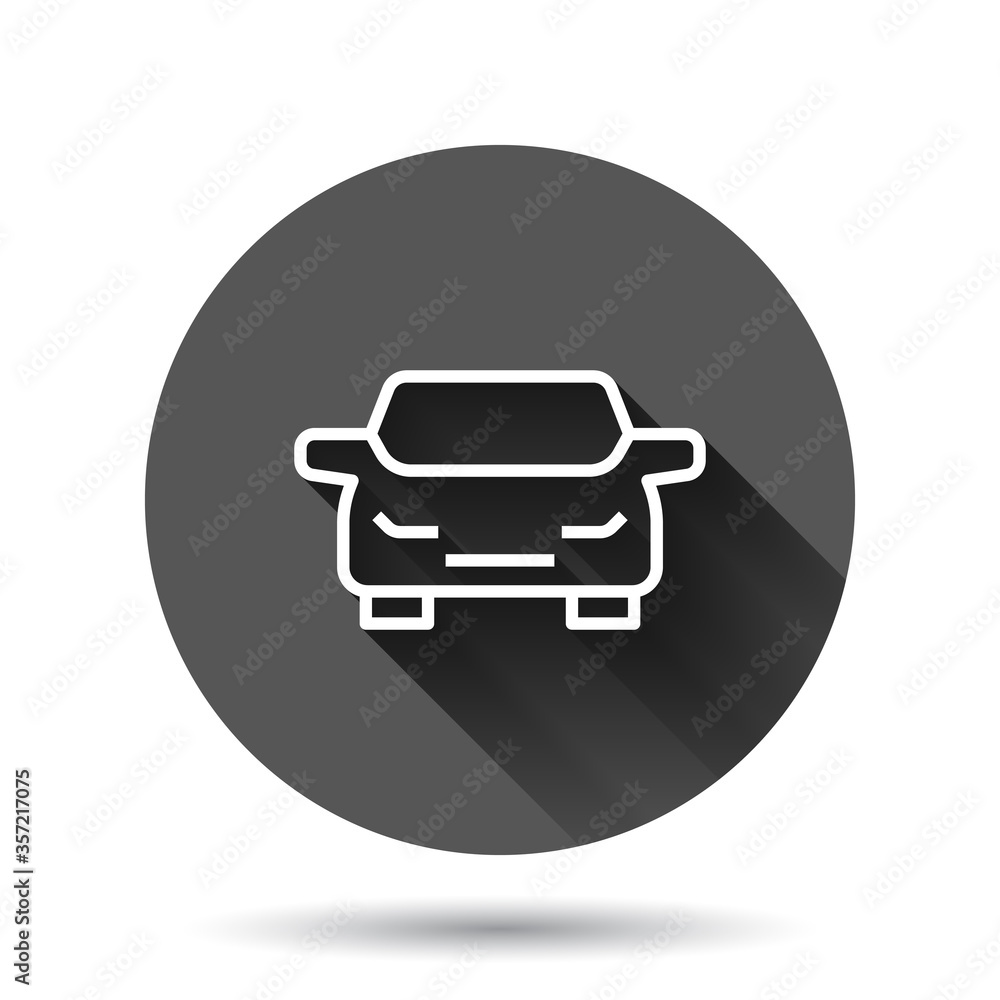 Car icon in flat style. Automobile vehicle vector illustration on black round background with long shadow effect. Sedan circle button business concept. Car icon in flat style. Automobile vehicle vector illustration on black round background with long shadow effect. Sedan circle button business concept.