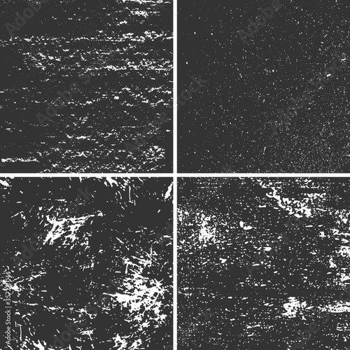 Black grunge texture set. Distressed effect dark background. Peeled metal with scuff marks. Scratchy surface on abstract background, damaged texture design pattern vector illustration.
