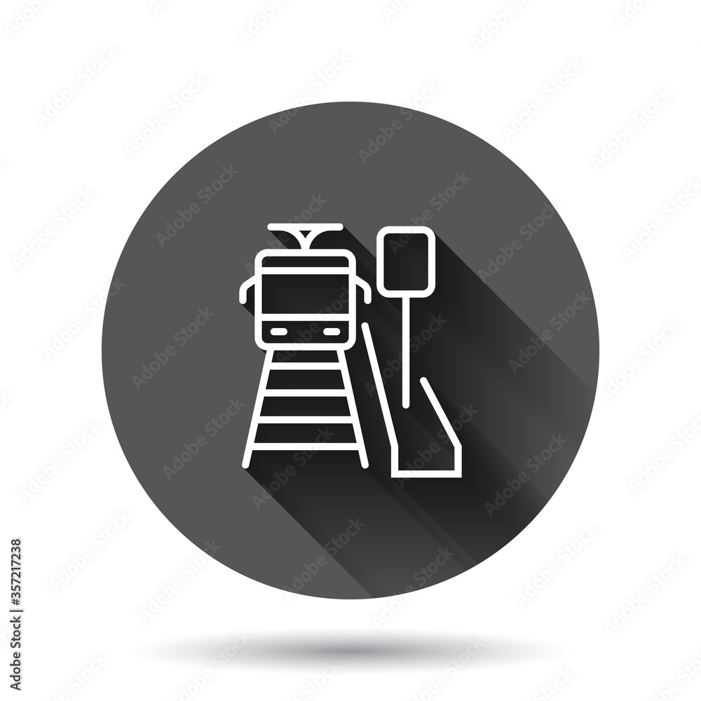 Metro station icon in flat style. Train subway vector illustration on black round background with long shadow effect. Railroad cargo circle button business concept. Metro station icon in flat style. Train subway vector illustration on black round background with long shadow effect. Railroad cargo circle button business concept.
