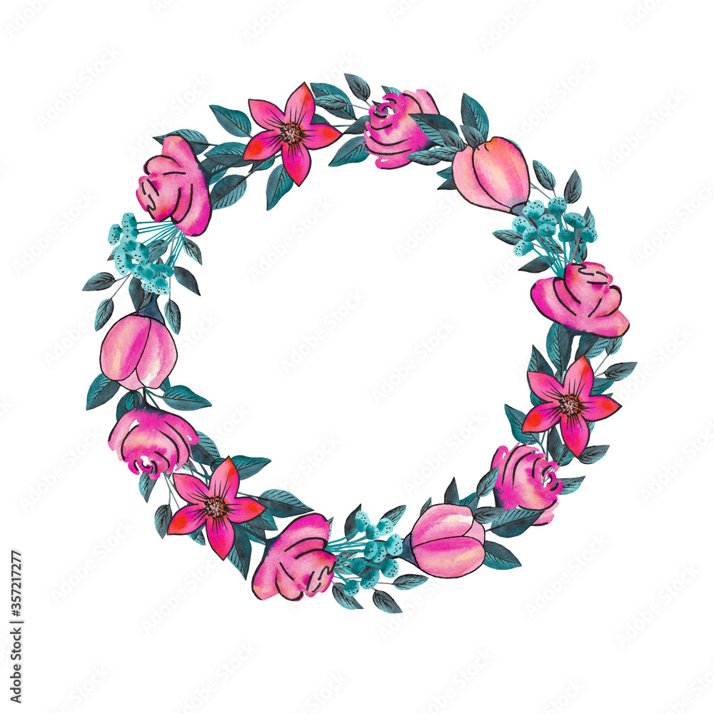 a wreath of pink flowers an invitation or a postcard