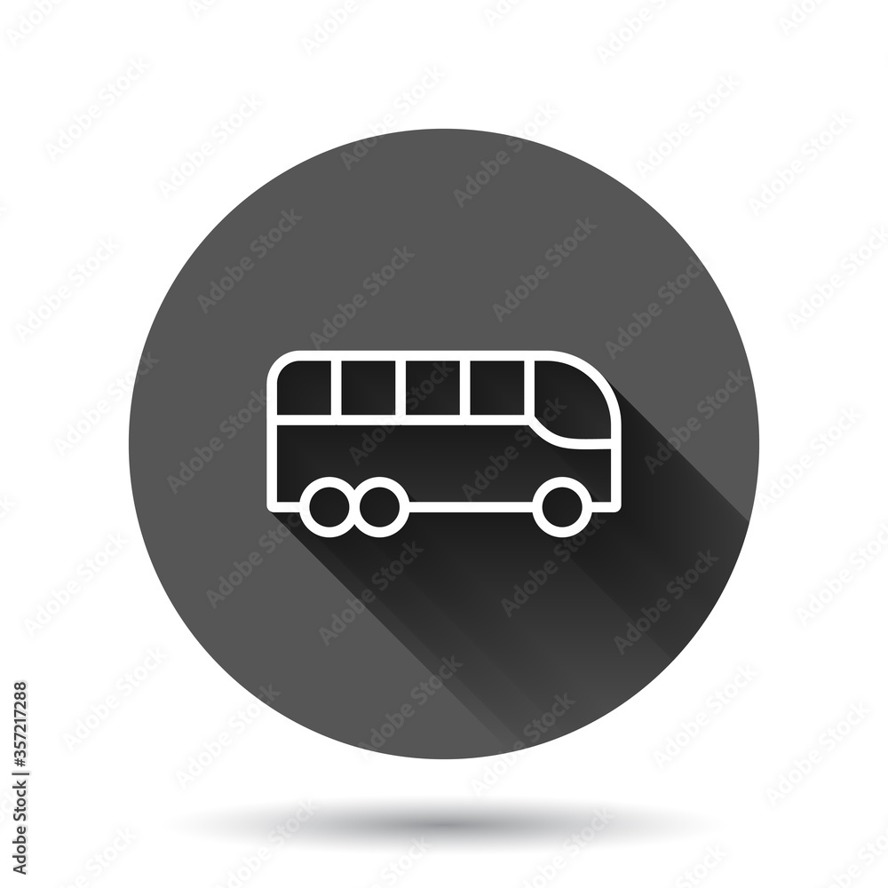Bus icon in flat style. Coach vector illustration on black round background with long shadow effect. Autobus vehicle circle button business concept. Bus icon in flat style. Coach vector illustration on black round background with long shadow effect. Autobus vehicle circle button business concept.