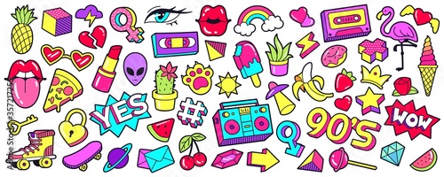 Retro 90s patches. Cartoon mouth lips, ice cream, rainbow, cherry and banana stickers, nineties pop badges and trendy 1990s sneakers vector illustration set. Colorful icons and pins in comic style.