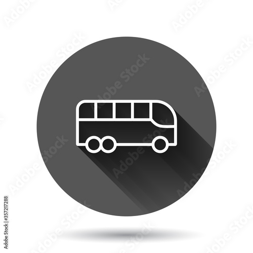 Bus icon in flat style. Coach vector illustration on black round background with long shadow effect. Autobus vehicle circle button business concept.