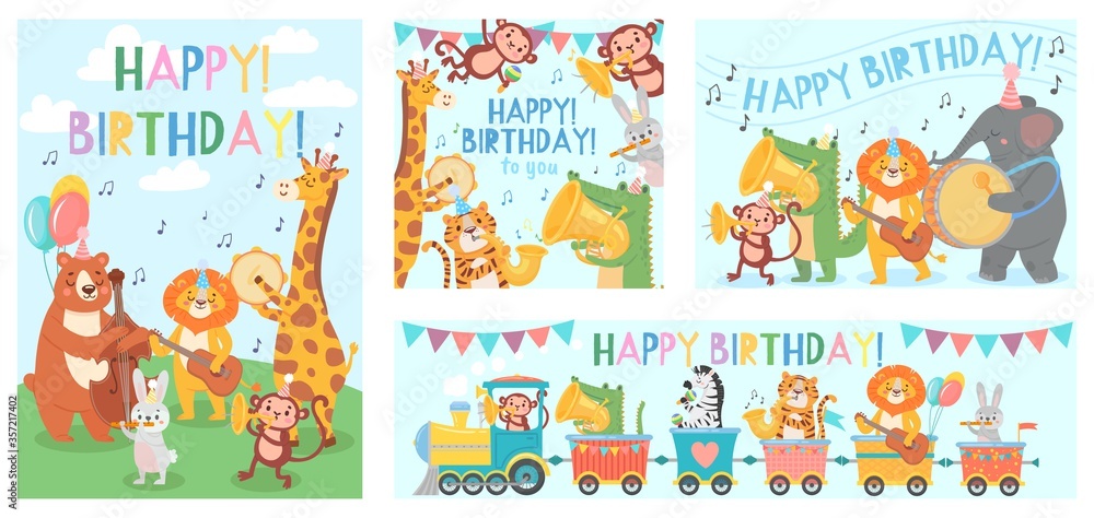 Animals play music greeting card. Happy birthday song played by cute animals orchestra with music instruments. Giraffe, lion, monkey musicians congratulation banner, poster vector illustration set.