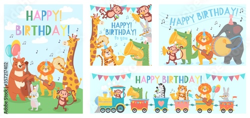 Fototapeta Naklejka Na Ścianę i Meble -  Animals play music greeting card. Happy birthday song played by cute animals orchestra with music instruments. Giraffe, lion, monkey musicians congratulation banner, poster vector illustration set.
