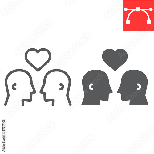 Gay couple line and glyph icon, lgbt and heart, homosexual couple sign vector graphics, editable stroke linear icon, eps 10.