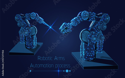 Automated robotic arm, Mechanical hands. Industrial robot manipulator. Modern industrial technology. illustration, dark blue background, Vector illustration, plexus,triangle,low poly,dot,wireframe