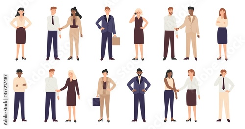 Business people shaking hands. Businessman and businesswoman have agreement. Partners complete deal, win-win situation and young office workers. Important person vector illustration set.