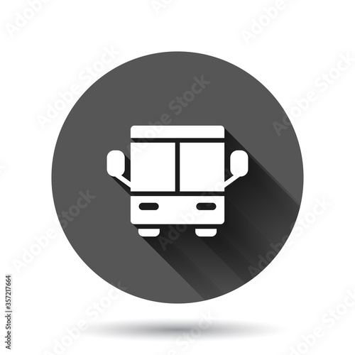 Bus icon in flat style. Coach vector illustration on black round background with long shadow effect. Autobus vehicle circle button business concept.