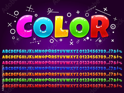 Color alphabet for cartoon game. Vivid colorful letters, numbers, alphabet symbols for children games design vector illustration set. Lettering for kids in different colors. Creative and bright font.