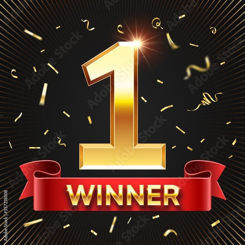 Winner banner. 1 place in competition. Shining golden number one with red ribbon and winner text, falling confetti. Winning in contest, game, lottery or championship vector illustration.