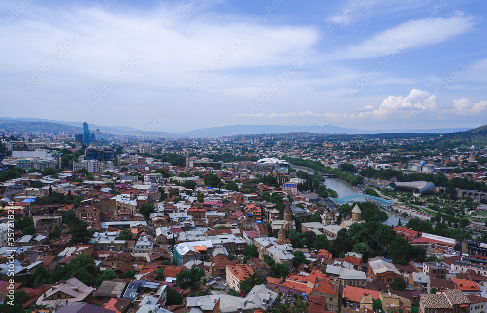 Georgia, Tbilisi-June 2019. Top view of the capital of Georgia. The whole city is in full view. Panoramic view.