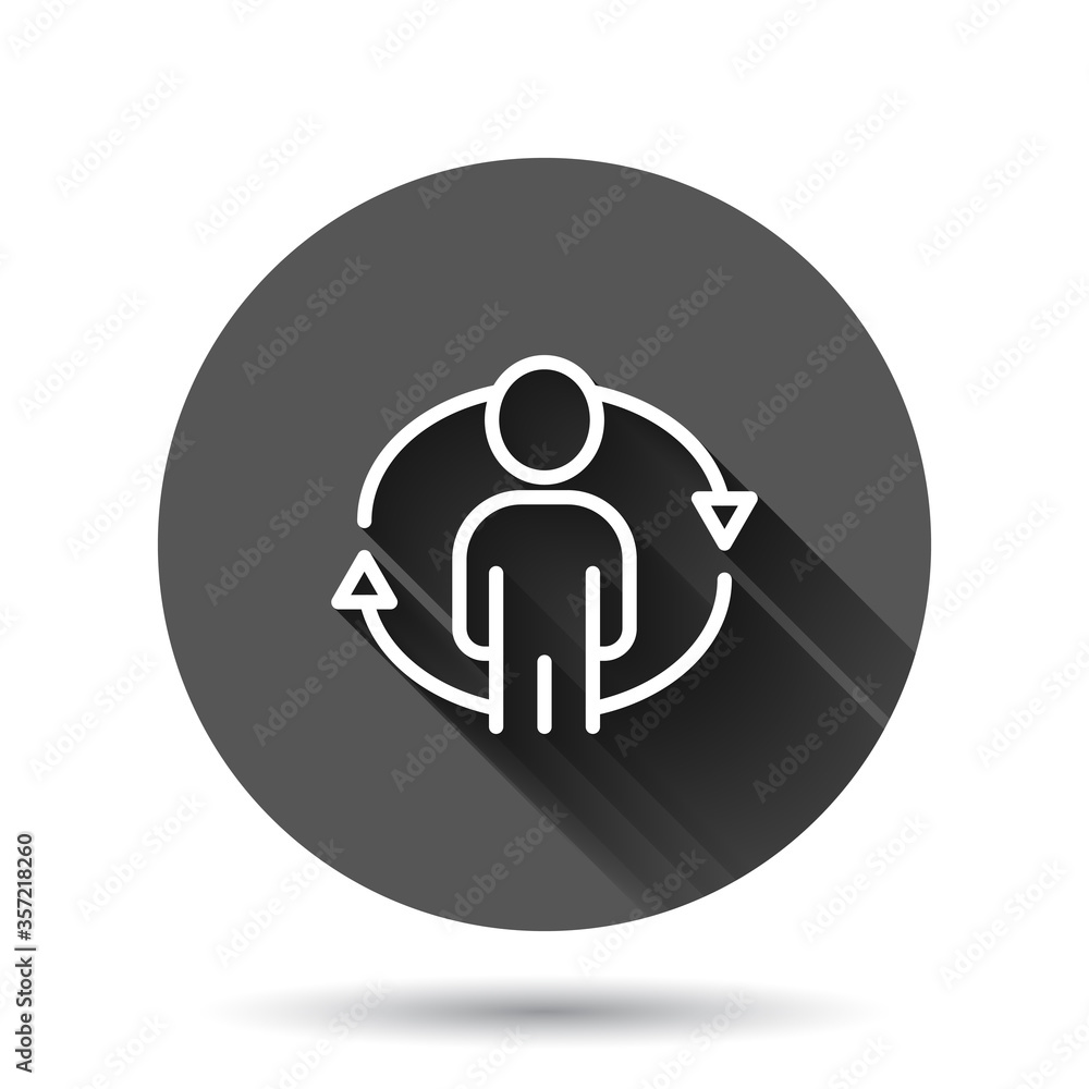 People referral icon in flat style. Business communication vector illustration on black round background with long shadow effect. Reference teamwork circle button business concept. People referral icon in flat style. Business communication vector illustration on black round background with long shadow effect. Reference teamwork circle button business concept.