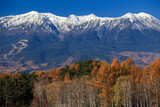 紅葉と新雪の山