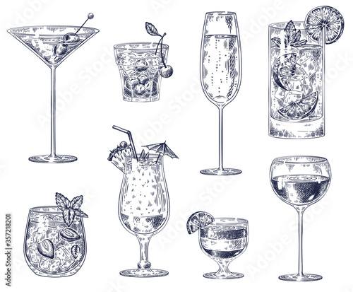 Hand drawn cocktails. Sketch alcohol drinks in glasses. Beverage such as cherry cocktail, champagne and pina colada, strawberry mojito, wine for restaurant, cafe, bar menu vector illustration set.