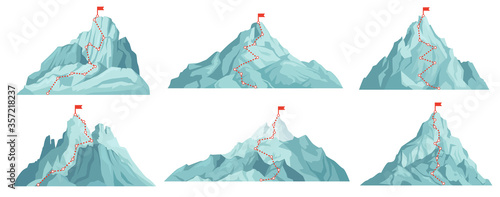 Route to mountain peak. Climbing to mountains with red flag on top. Progress infographics, success business, vision concepts. Career growth or development cartoon vector illustration.