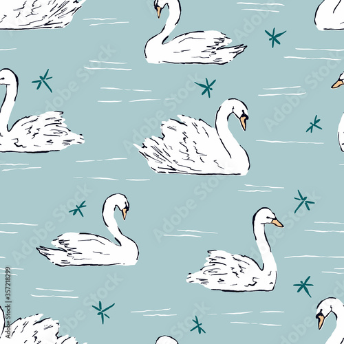 Vector seamless pattern with white swans on the lake. Hand drawn cute illustration great for scrapbook or wallpaper.