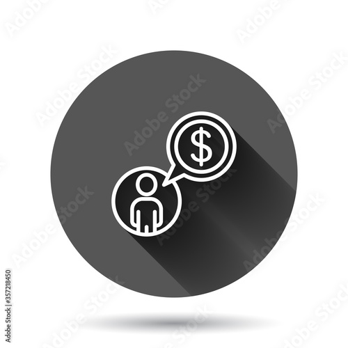People with money icon in flat style. Investor vector illustration on black round background with long shadow effect. Businessman circle button business concept.