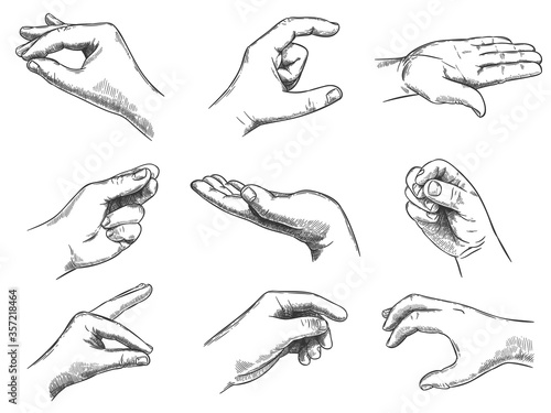 Engraved holding hand gesture. Keep in hands, vintage hand drawn gestures and hold in palm, demonstrate, show size, taking or grabbing sketch. Arm position isolated vector illustration set.