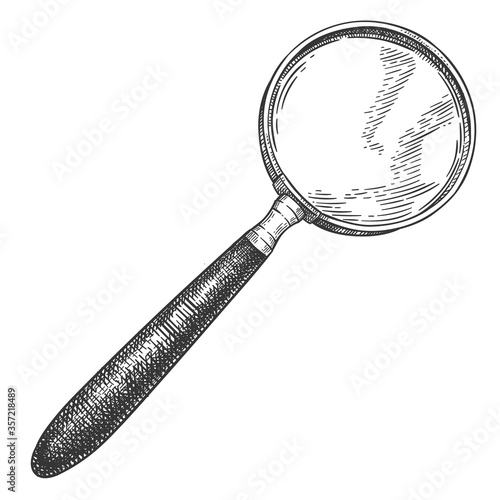 Engraved magnifying glass. Retro magnifier sketch, vintage detective search equipment and hand drawn loupe. Optical instrument or tool with glass lens isolated on white background vector illustration.