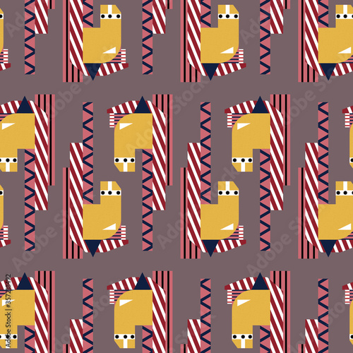 Seamless geometric ethnic graphic pattern with horses on purple background