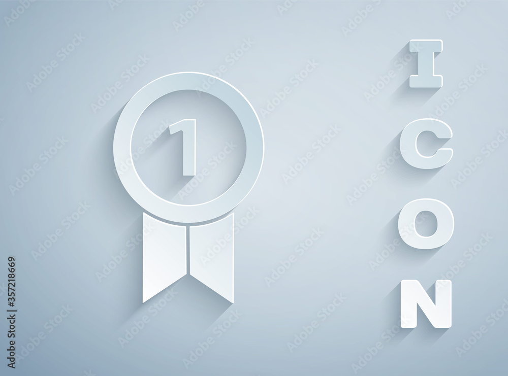Paper cut Medal icon isolated on grey background. Winner achievement sign. Award medal. Paper art style. Vector Illustration. Paper cut Medal icon isolated on grey background. Winner achievement sign. Award medal. Paper art style. Vector Illustration.