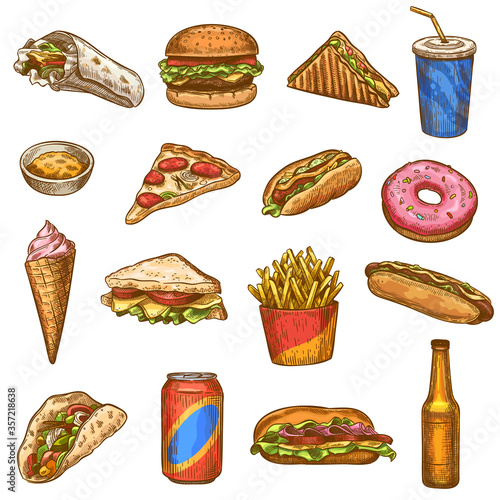 Hand drawn fast food. Sketch hot dog, pizza and donuts, burger and fries with sauce, ice cream and cola in can or cup, cheeseburger and hamburger. Junk Eating, having meal vector set.