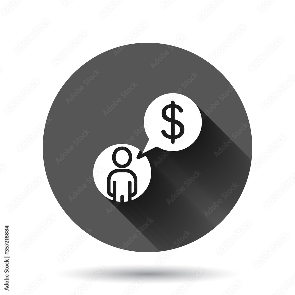 People with money icon in flat style. Investor vector illustration on black round background with long shadow effect. Businessman circle button business concept. People with money icon in flat style. Investor vector illustration on black round background with long shadow effect. Businessman circle button business concept.
