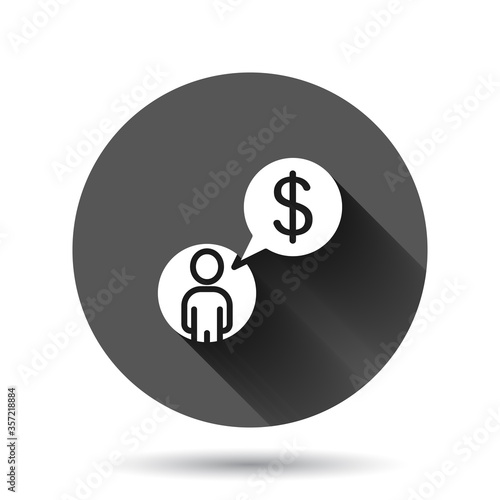 People with money icon in flat style. Investor vector illustration on black round background with long shadow effect. Businessman circle button business concept.