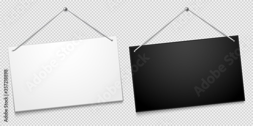 White and black shop door signboards hanging on nail isolated on transparent background. Empty or blank sign for store, restaurant or cafe. Icon for text flat cartoon vector illustration.