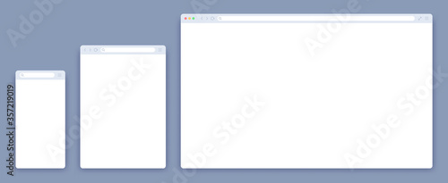 Browser mockups. Website window for different devices as desktop computer or laptop, tablet and mobile screen. Empty internet template page network vector set illustration. Responsive web design. photo